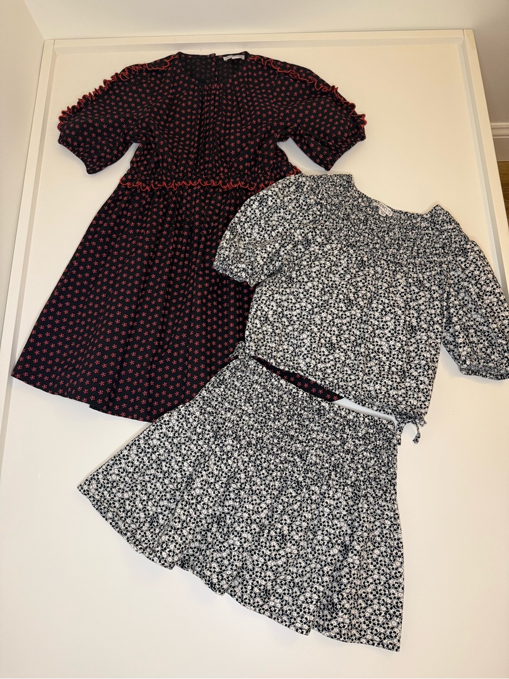 Crewcuts Navy Dress with Red Star Print & Black-White Floral Top and Skirt Set